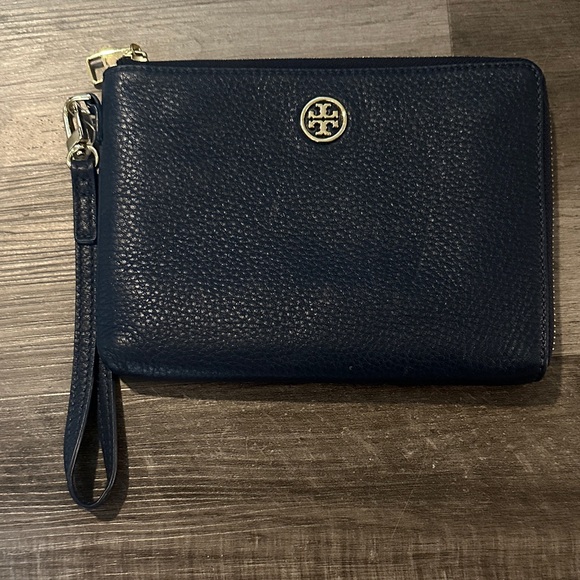 Tory Burch Dark Blue Leather Wristlet with Gold Accents - Picture 3 of 5